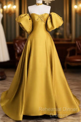 Yellow Satin Long Semi Formal Prom Dress, Off The Shoulder A-Line Evening Party Dress